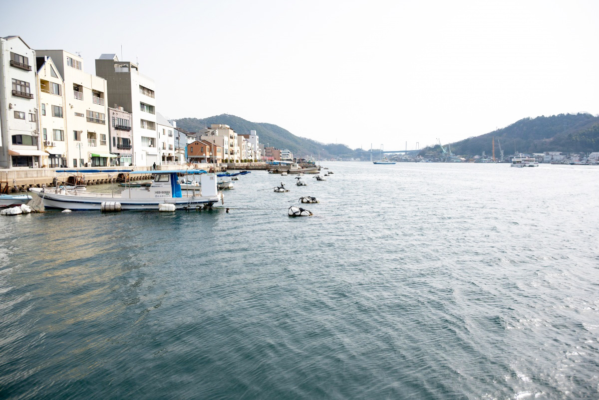 港に並ぶ漁船と海沿いの建物が広がる町並み
